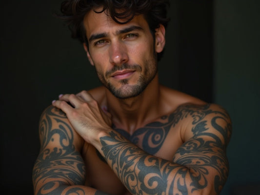Une belle peau avec des tatouages: Les bras des hommes dans la tendance