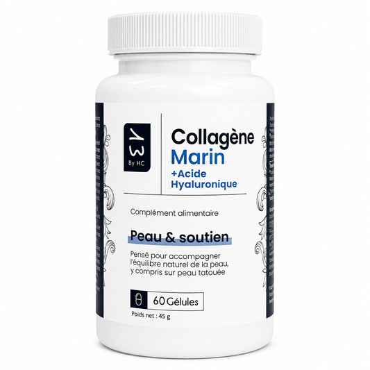 Collagène marin + acide hyaluronique – 60 gélules (60 jours) | Routine peau tatouée 13 By HC
