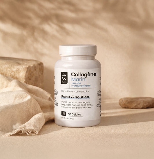 Collagène marin + acide hyaluronique – 60 gélules (60 jours) | Routine peau tatouée 13 By HC