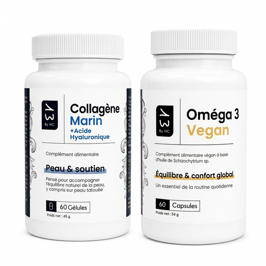 Pack Duo Gélules Collagène Marin + Acide Hyaluronique & Oméga-3 Vegan – (30 jours) Routine In & Out Peau & Tatouage | 13 By HC
